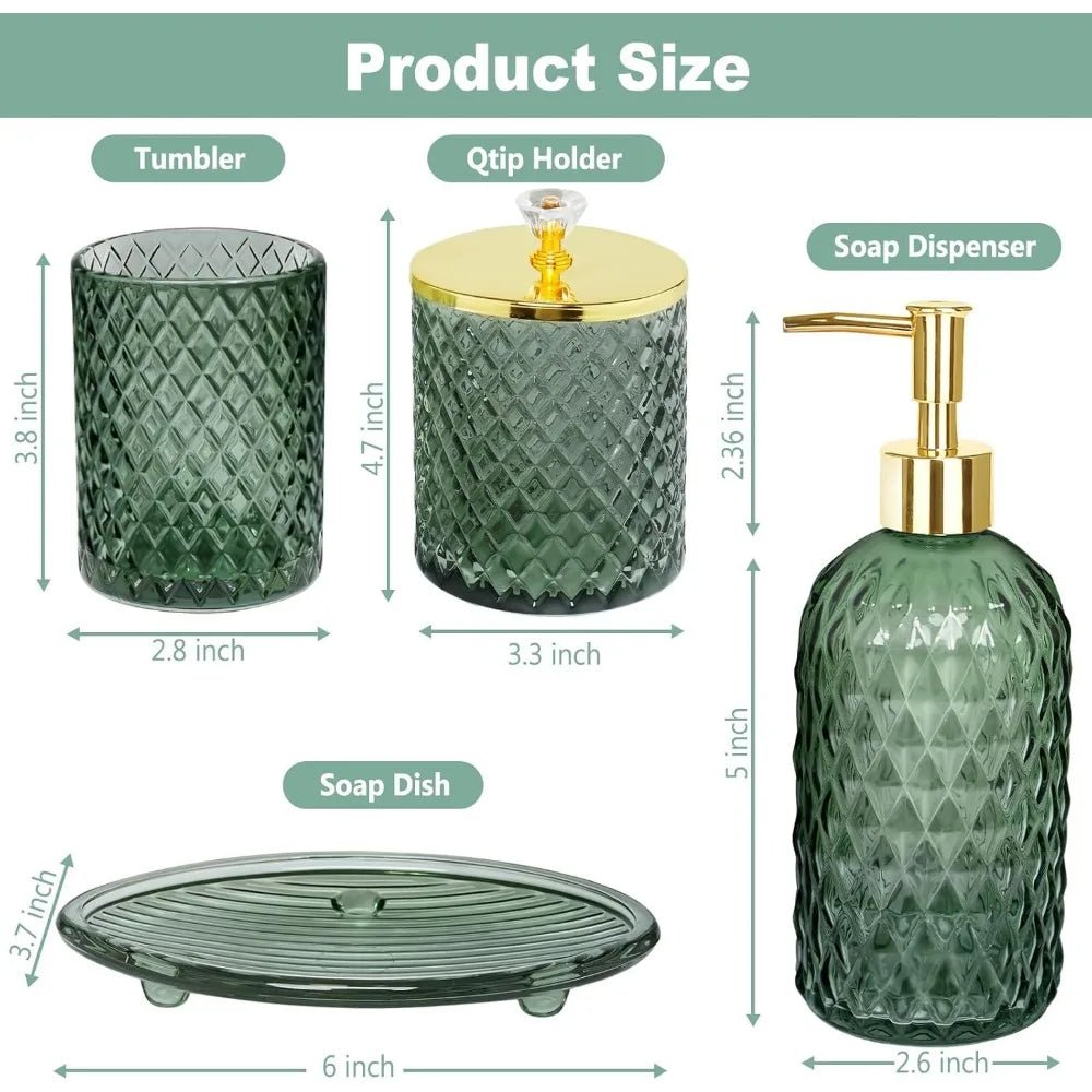 bathroom accessories set, 4pcs sage green glass bathroom accessory set complete w/lotion soap dispenser, toothbrush holder, qtip - Blu Lotus Boutique