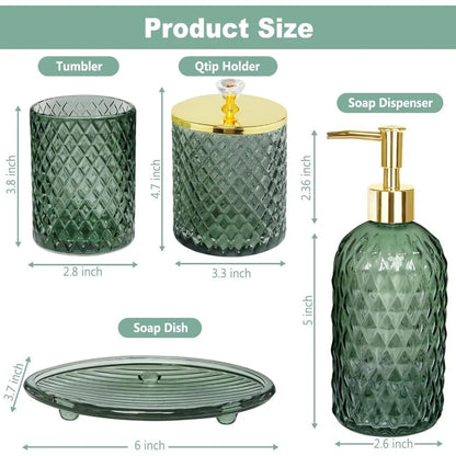 bathroom accessories set, 4pcs sage green glass bathroom accessory set complete w/lotion soap dispenser, toothbrush holder, qtip - Blu Lotus Boutique