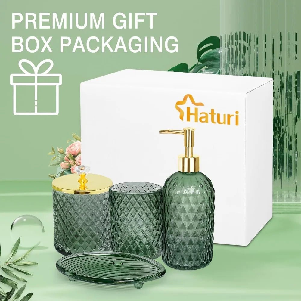 bathroom accessories set, 4pcs sage green glass bathroom accessory set complete w/lotion soap dispenser, toothbrush holder, qtip - Blu Lotus Boutique