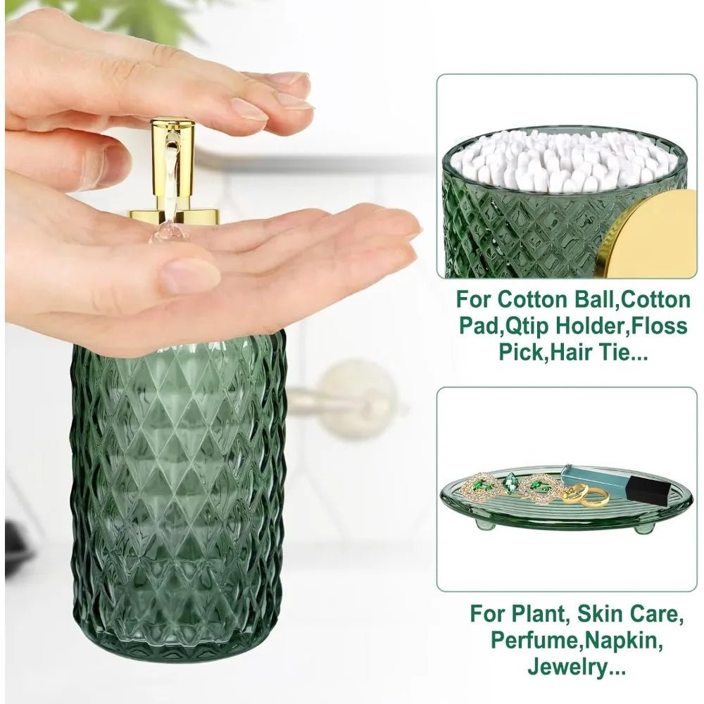 bathroom accessories set, 4pcs sage green glass bathroom accessory set complete w/lotion soap dispenser, toothbrush holder, qtip - Blu Lotus Boutique
