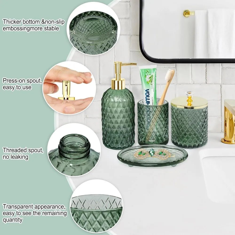 bathroom accessories set, 4pcs sage green glass bathroom accessory set complete w/lotion soap dispenser, toothbrush holder, qtip - Blu Lotus Boutique