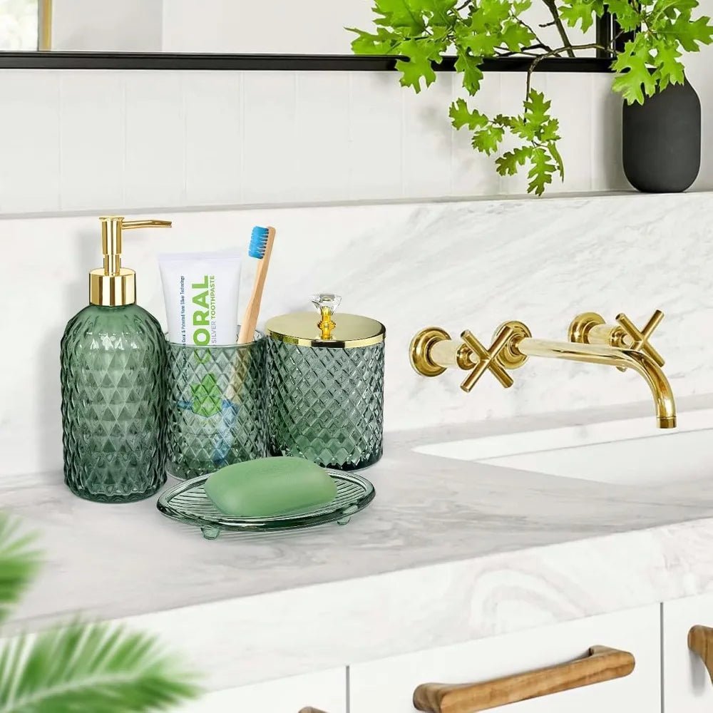 bathroom accessories set, 4pcs sage green glass bathroom accessory set complete w/lotion soap dispenser, toothbrush holder, qtip - Blu Lotus Boutique