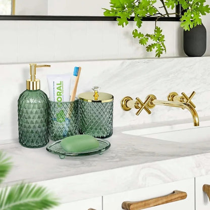 bathroom accessories set, 4pcs sage green glass bathroom accessory set complete w/lotion soap dispenser, toothbrush holder, qtip - Blu Lotus Boutique