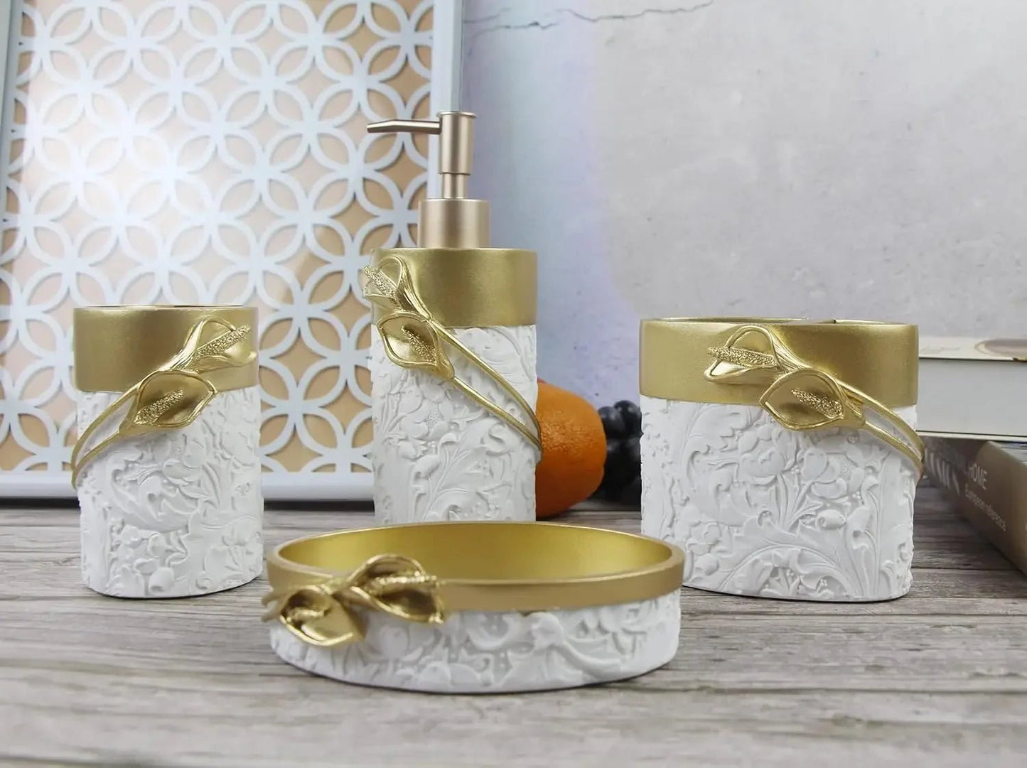 Bathroom Accessories Set,Golden Design Toothbrush Holder,Farmhouse Bathroom Decor,4 Pcs Resin - Blu Lotus Boutique