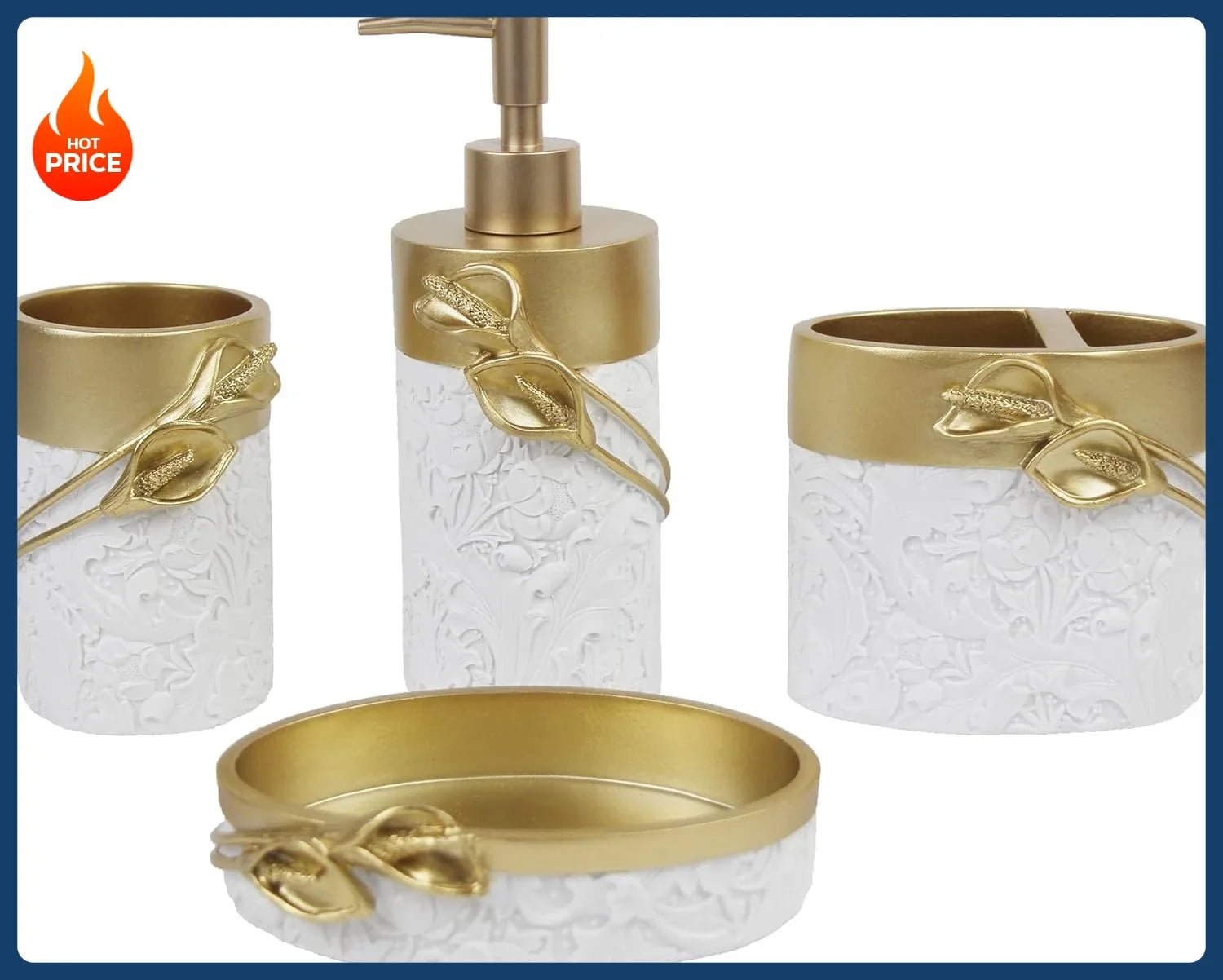 Bathroom Accessories Set,Golden Design Toothbrush Holder,Farmhouse Bathroom Decor,4 Pcs Resin - Blu Lotus Boutique