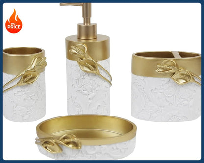 Bathroom Accessories Set,Golden Design Toothbrush Holder,Farmhouse Bathroom Decor,4 Pcs Resin - Blu Lotus Boutique