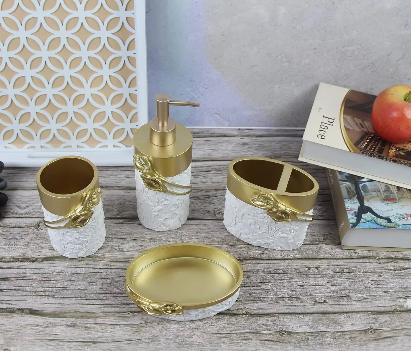 Bathroom Accessories Set,Golden Design Toothbrush Holder,Farmhouse Bathroom Decor,4 Pcs Resin - Blu Lotus Boutique