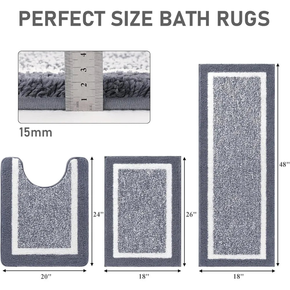 Bathroom Rug Mat Set 3 Piece, Microfiber Shaggy Bath Set, Non - Slip Ultra Soft Carpet Mats, Absorbent with U - Shaped Toilet - Blu Lotus Boutique