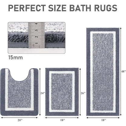 Bathroom Rug Mat Set 3 Piece, Microfiber Shaggy Bath Set, Non - Slip Ultra Soft Carpet Mats, Absorbent with U - Shaped Toilet - Blu Lotus Boutique