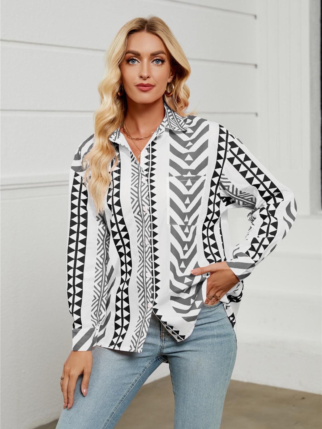 Geometric Collared Neck Long Sleeve Shirt - Blu Lotus Boutique