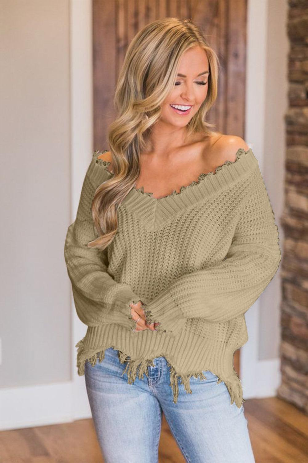 Frayed Hem Dropped Shoulder Sweater - Blu Lotus Boutique