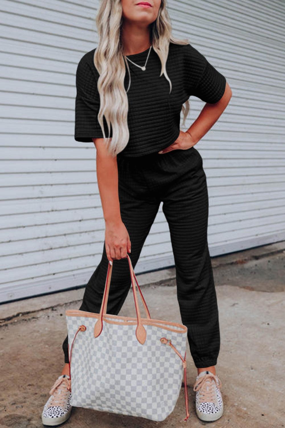 Black Lattice Textured Cropped Tee and Jogger Pants Set - Blu Lotus Boutique