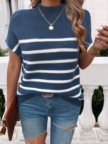 Devine Striped Mock Neck Short Sleeve Sweater