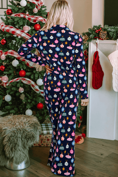 Navy Blue Colorful Christmas Lights Print Shirt and Pants Pajama Set - Blu Lotus Boutique