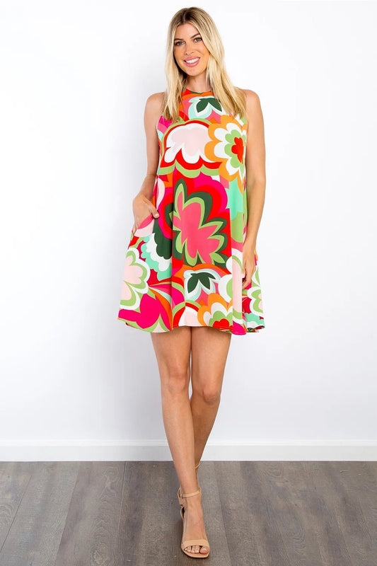 Be Stage Full Size Floral Sleeveless Mini Dress with Pockets - Blu Lotus Boutique