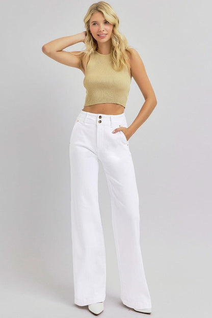 RISEN Full Size Tummy Control Double Button Wide Leg Jeans - Blu Lotus Boutique