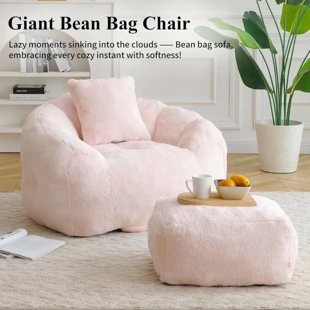 Bean Bag Chair for Adults, Faux Fur Upholstered Beanbag Chair with Shell - Shaped Design, Comfy Bean Bag Sofa with Pillow and Foot - Blu Lotus Boutique