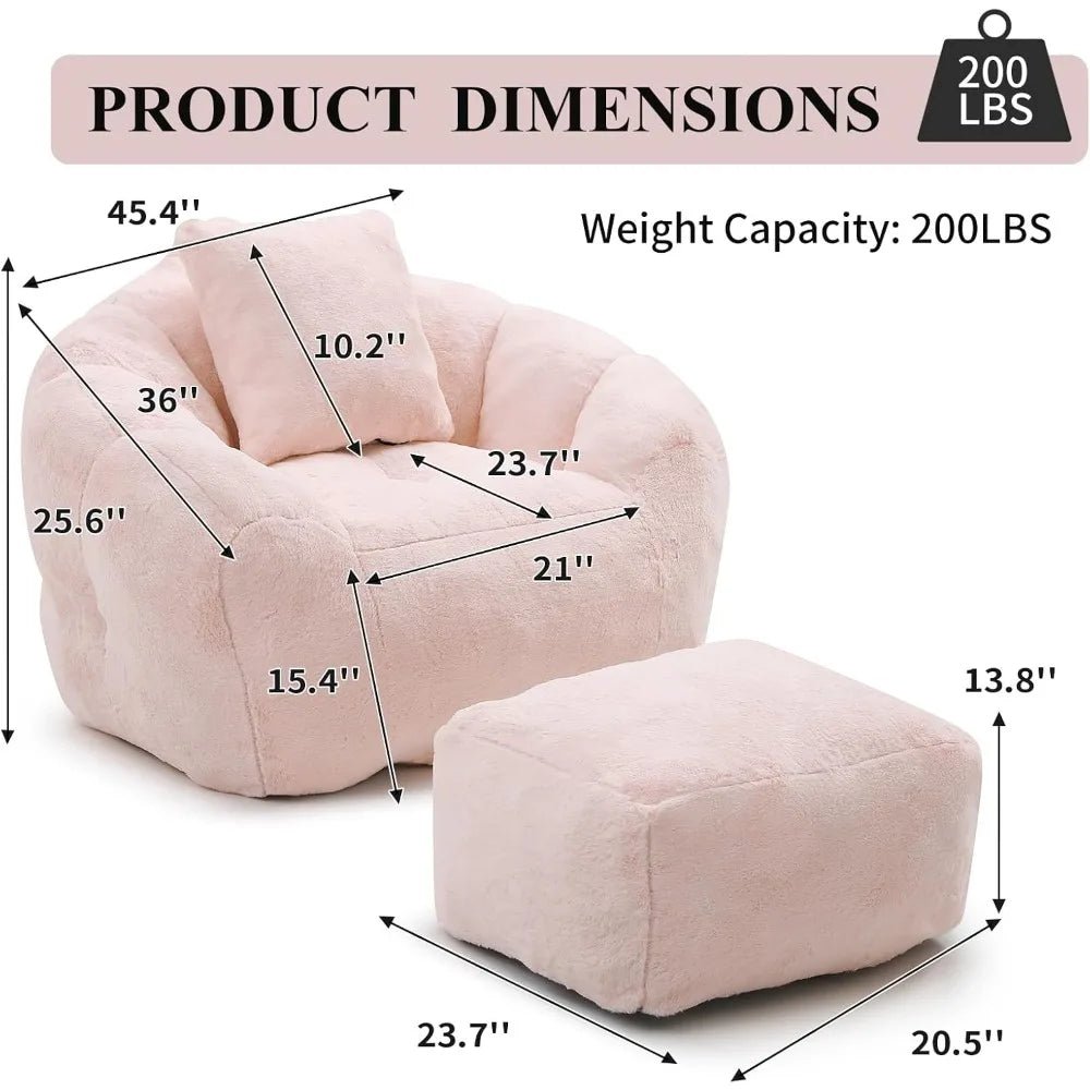 Bean Bag Chair for Adults, Faux Fur Upholstered Beanbag Chair with Shell - Shaped Design, Comfy Bean Bag Sofa with Pillow and Foot - Blu Lotus Boutique