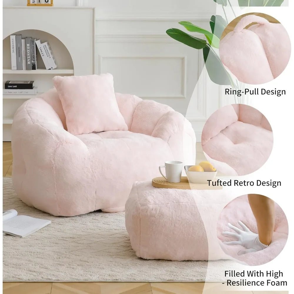 Bean Bag Chair for Adults, Faux Fur Upholstered Beanbag Chair with Shell - Shaped Design, Comfy Bean Bag Sofa with Pillow and Foot - Blu Lotus Boutique