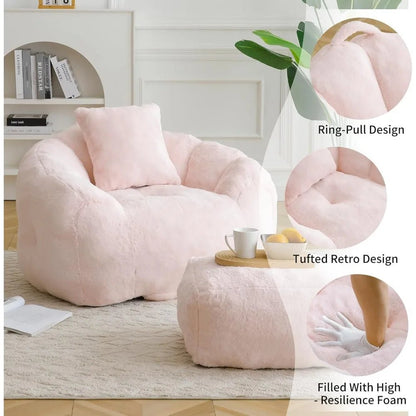 Bean Bag Chair for Adults, Faux Fur Upholstered Beanbag Chair with Shell - Shaped Design, Comfy Bean Bag Sofa with Pillow and Foot - Blu Lotus Boutique