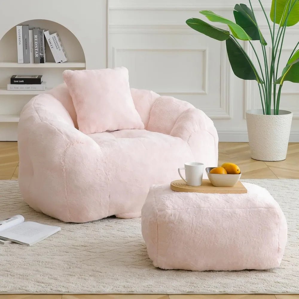 Bean Bag Chair for Adults, Faux Fur Upholstered Beanbag Chair with Shell - Shaped Design, Comfy Bean Bag Sofa with Pillow and Foot - Blu Lotus Boutique
