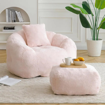 Bean Bag Chair for Adults, Faux Fur Upholstered Beanbag Chair with Shell - Shaped Design, Comfy Bean Bag Sofa with Pillow and Foot - Blu Lotus Boutique
