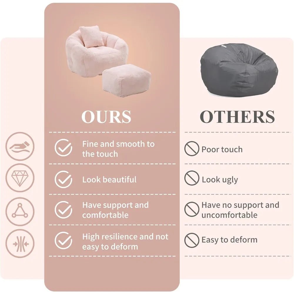Bean Bag Chair for Adults, Faux Fur Upholstered Beanbag Chair with Shell - Shaped Design, Comfy Bean Bag Sofa with Pillow and Foot - Blu Lotus Boutique