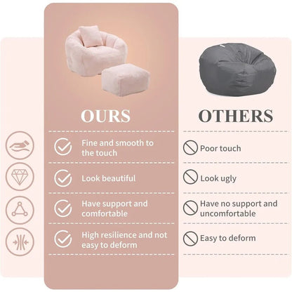 Bean Bag Chair for Adults, Faux Fur Upholstered Beanbag Chair with Shell - Shaped Design, Comfy Bean Bag Sofa with Pillow and Foot - Blu Lotus Boutique