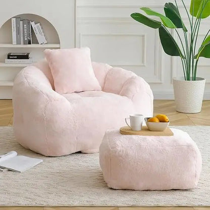 Bean Bag Chair for Adults, Faux Fur Upholstered Beanbag Chair with Shell - Shaped Design, Comfy Bean Bag Sofa with Pillow and Foot - Blu Lotus Boutique