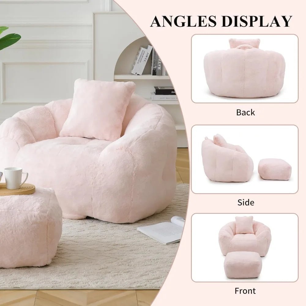 Bean Bag Chair for Adults, Faux Fur Upholstered Beanbag Chair with Shell - Shaped Design, Comfy Bean Bag Sofa with Pillow and Foot - Blu Lotus Boutique