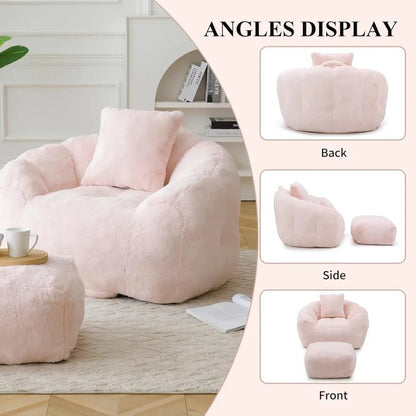 Bean Bag Chair for Adults, Faux Fur Upholstered Beanbag Chair with Shell - Shaped Design, Comfy Bean Bag Sofa with Pillow and Foot - Blu Lotus Boutique