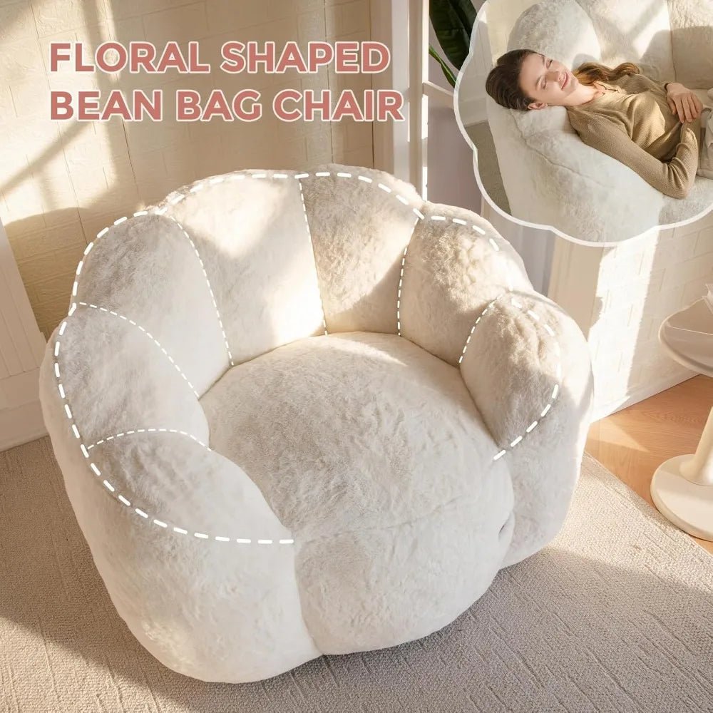 Bean Bag Chair for Adults, Floral Shaped Bean Bag Sofa, Ultra Soft Faux Fur Floor Sofa, Large Reading Chair for Living Room - Blu Lotus Boutique