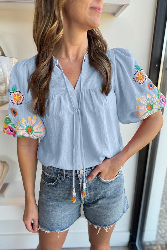 Beau Blue Floral Embroidered Puff Sleeve Split Neck Blouse - Blu Lotus Boutique