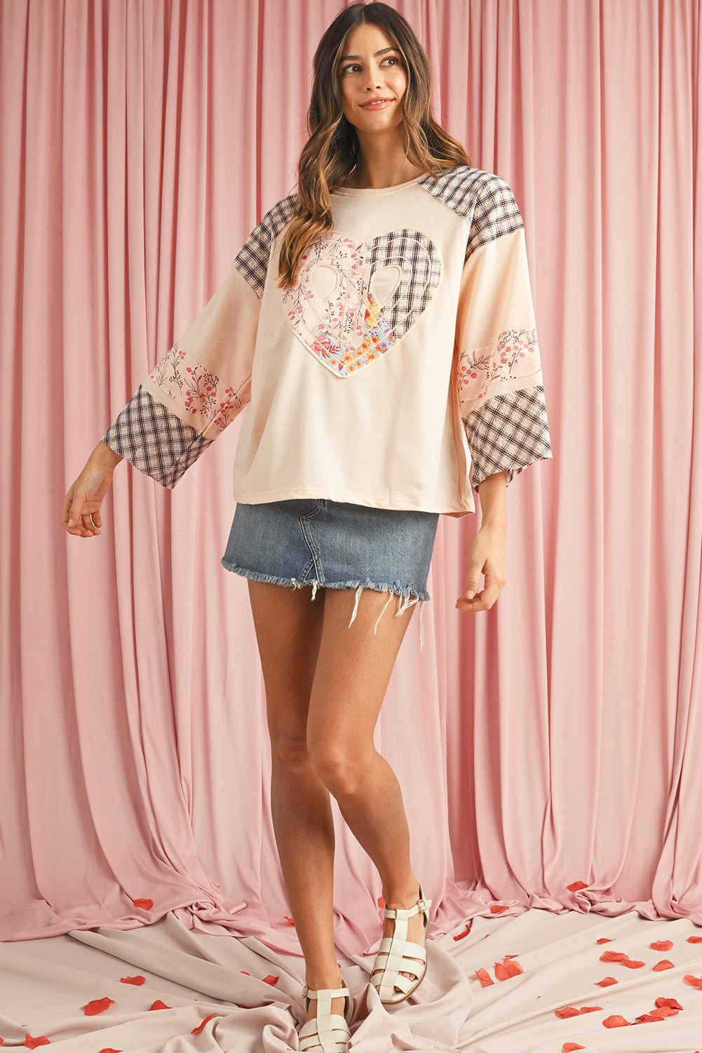 Beige Plaid Floral Patchwork Heart Long Sleeve Top - Blu Lotus Boutique