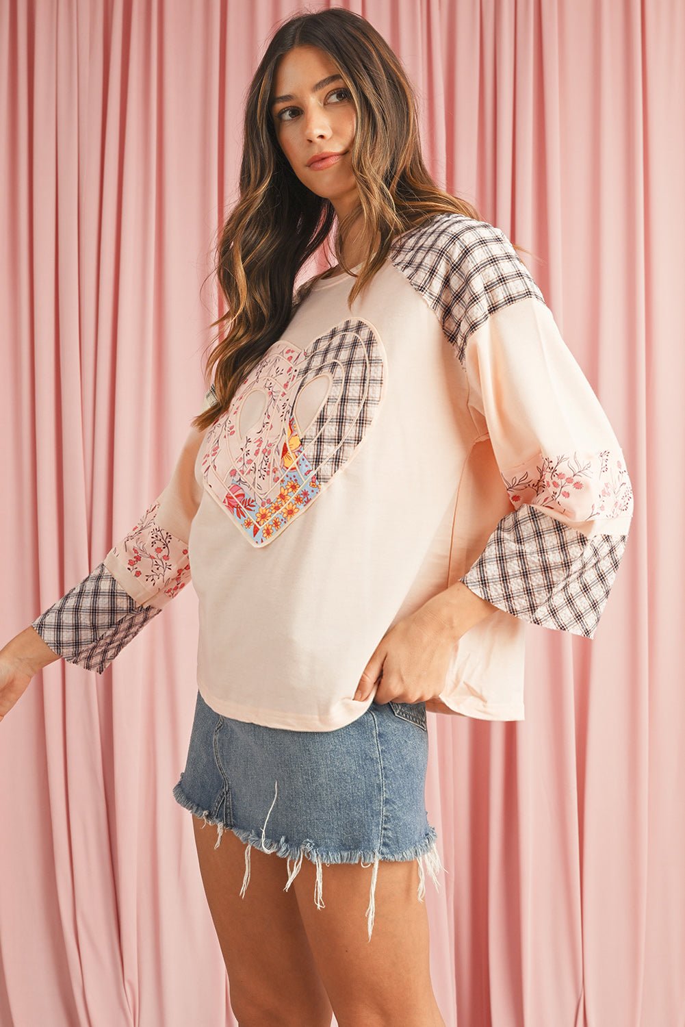 Beige Plaid Floral Patchwork Heart Long Sleeve Top - Blu Lotus Boutique