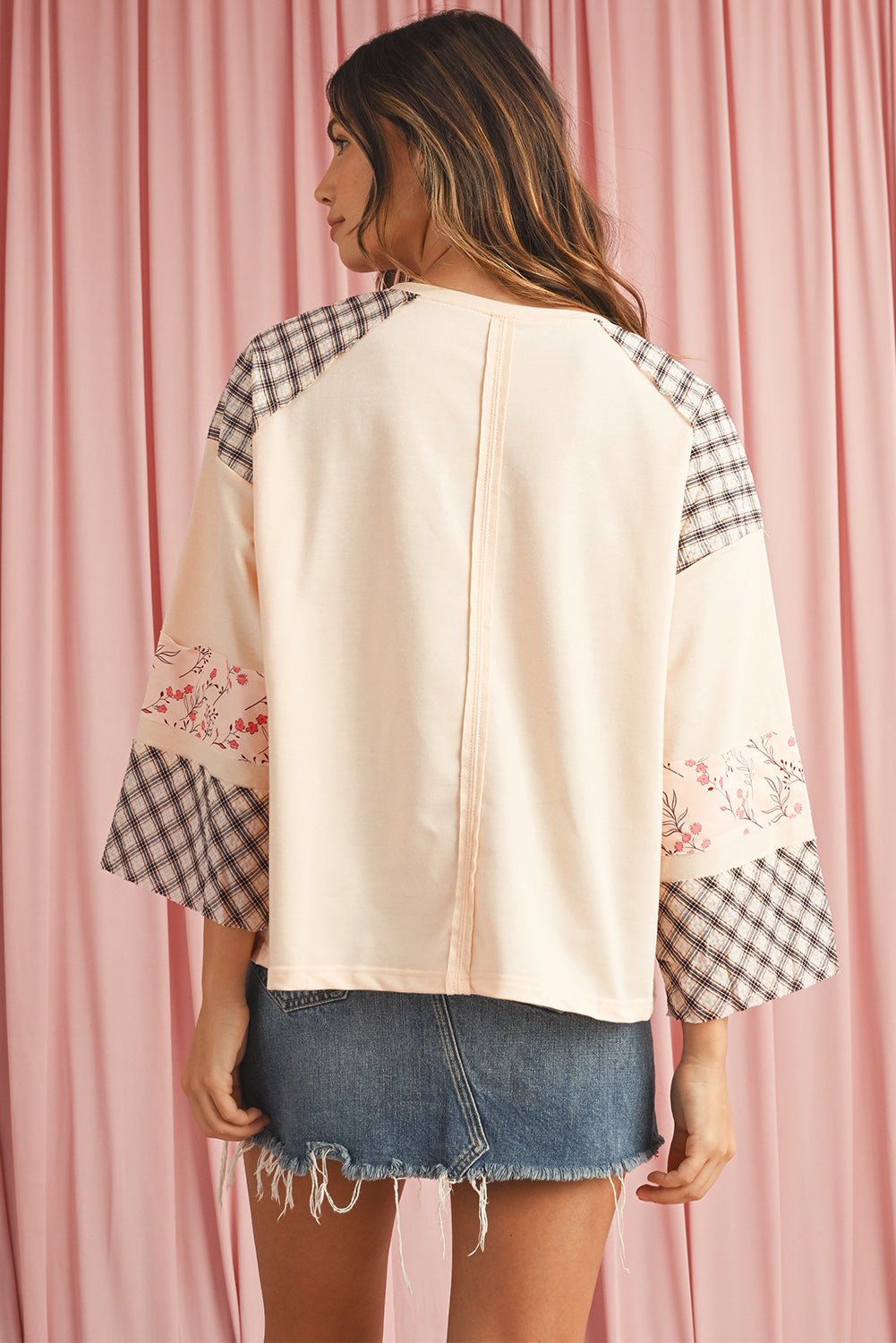 Beige Plaid Floral Patchwork Heart Long Sleeve Top - Blu Lotus Boutique