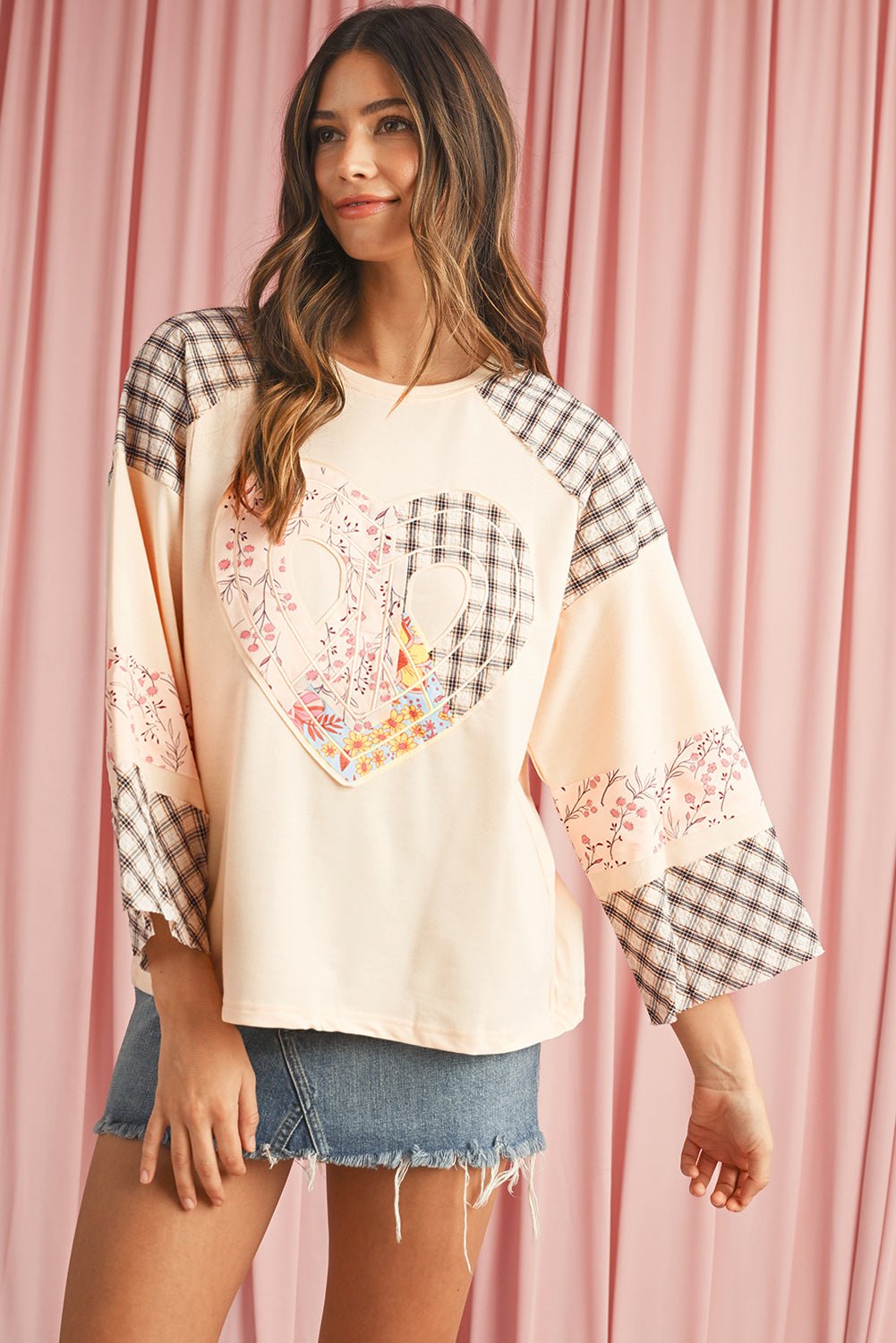 Beige Plaid Floral Patchwork Heart Long Sleeve Top - Blu Lotus Boutique