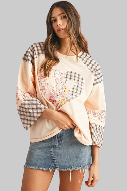 Beige Plaid Floral Patchwork Heart Long Sleeve Top - Blu Lotus Boutique