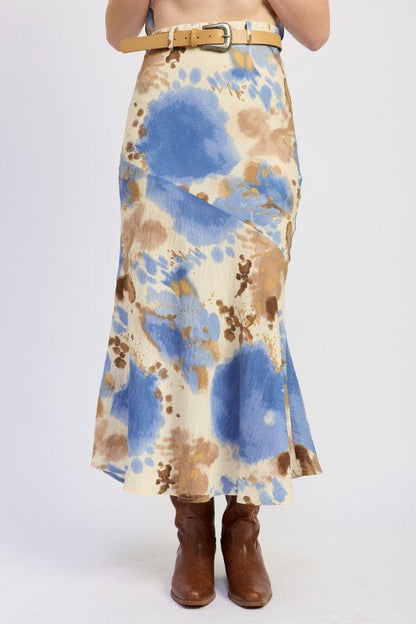 BIAS ABSTRACT BELTED MAXI SKIRT - Blu Lotus Boutique