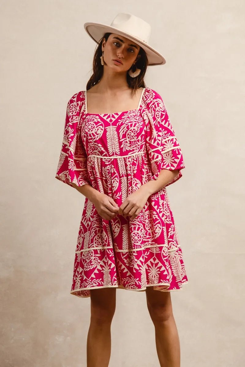BiBi Aztec Woven Printed Contrast Binding Dress - Blu Lotus Boutique