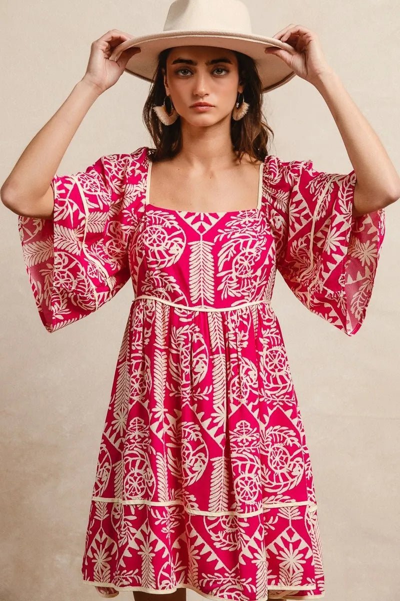 BiBi Aztec Woven Printed Contrast Binding Dress - Blu Lotus Boutique