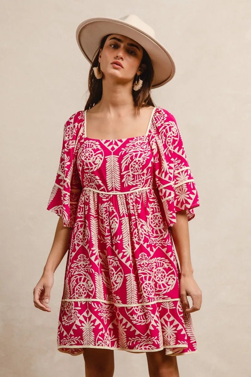 BiBi Aztec Woven Printed Contrast Binding Dress - Blu Lotus Boutique
