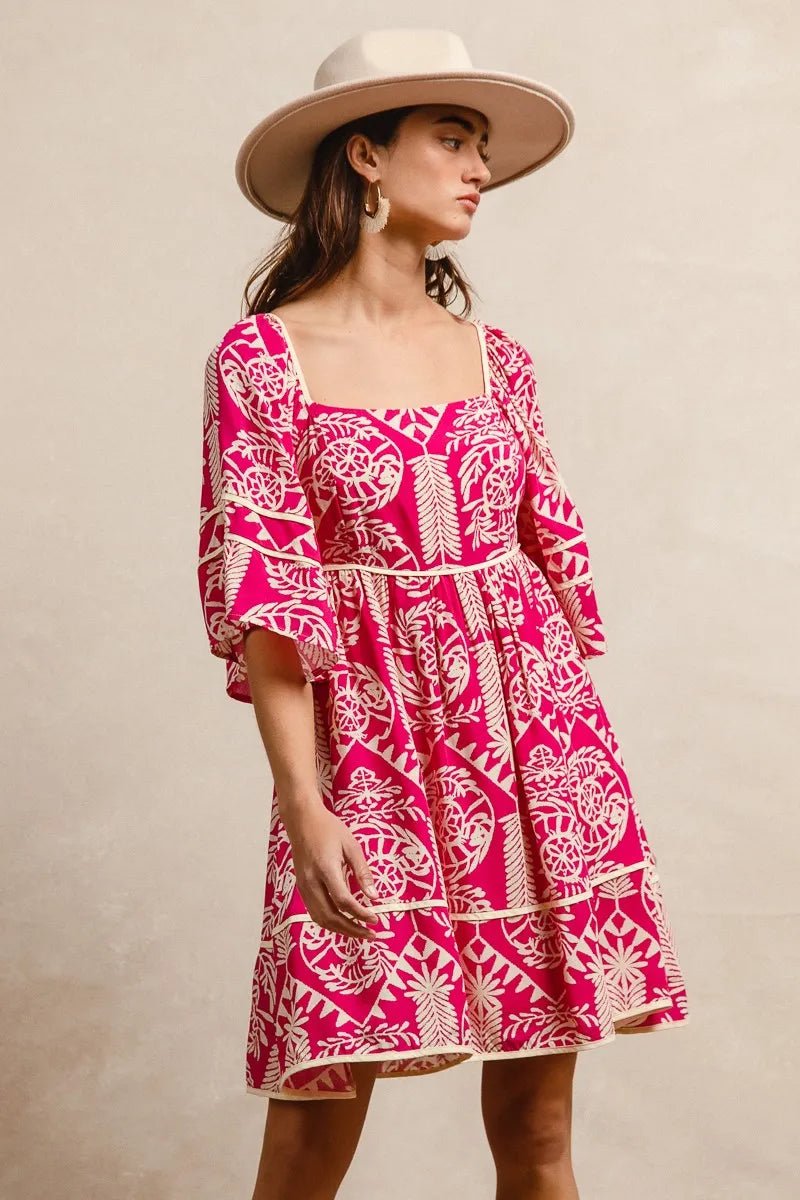 BiBi Aztec Woven Printed Contrast Binding Dress - Blu Lotus Boutique