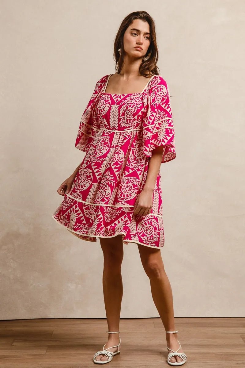 BiBi Aztec Woven Printed Contrast Binding Dress - Blu Lotus Boutique