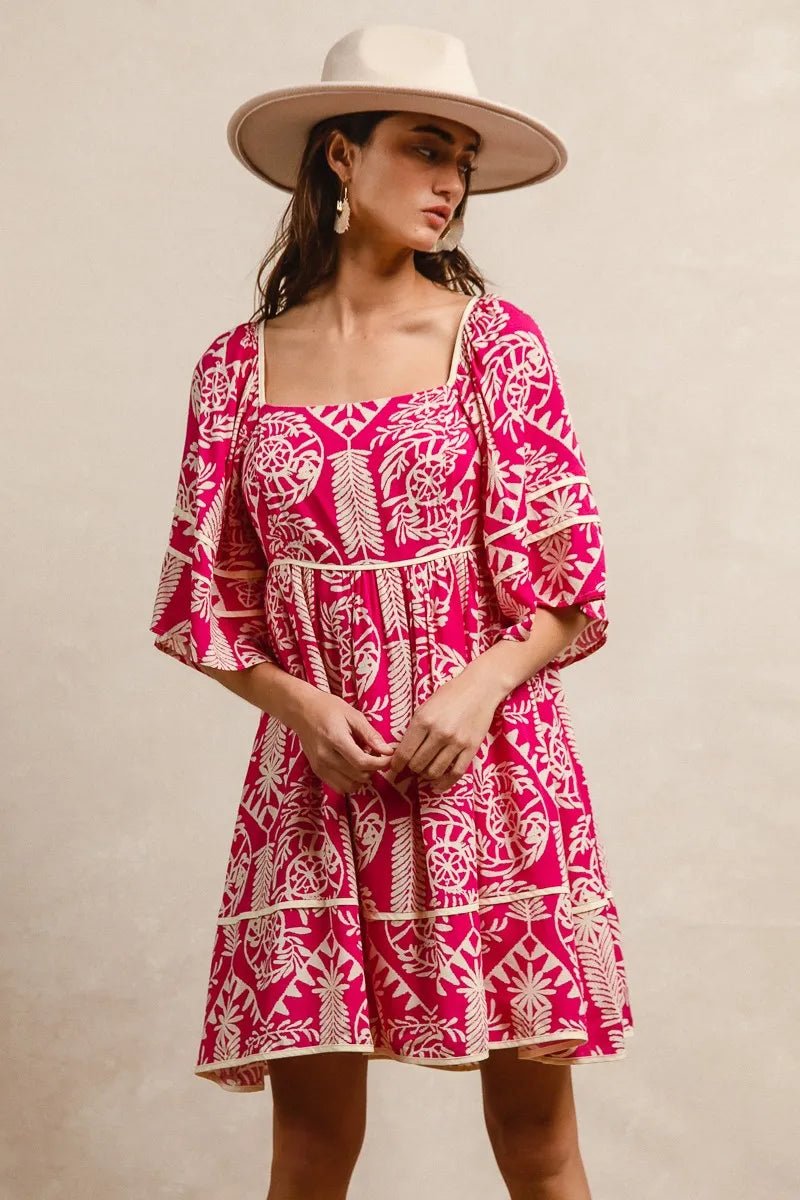 BiBi Aztec Woven Printed Contrast Binding Dress - Blu Lotus Boutique