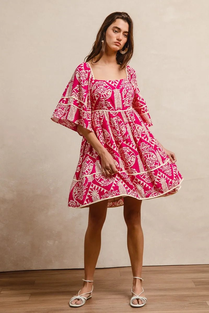 BiBi Aztec Woven Printed Contrast Binding Dress - Blu Lotus Boutique