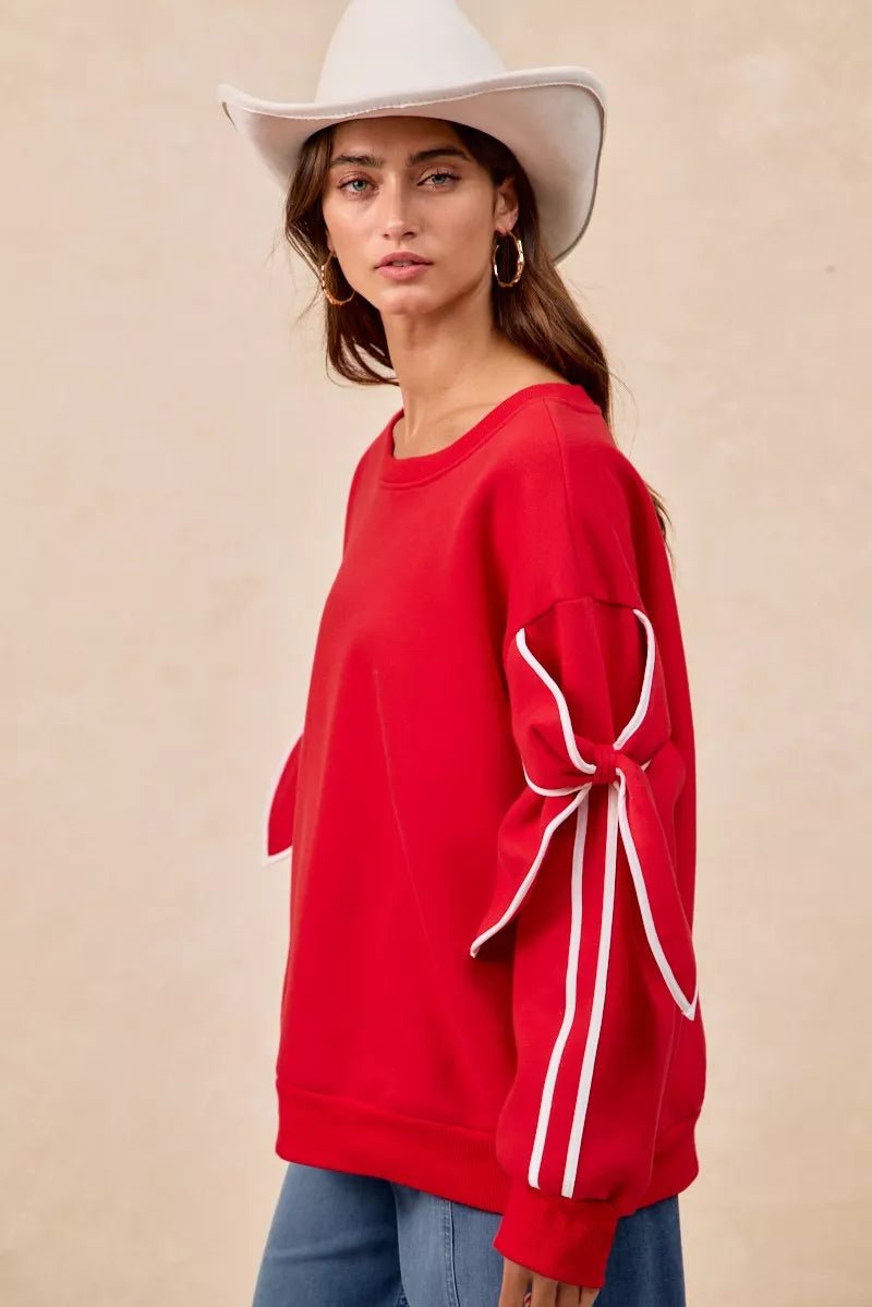 BiBi Bow Detail Sleeves Fleece Sweatshirt - Blu Lotus Boutique