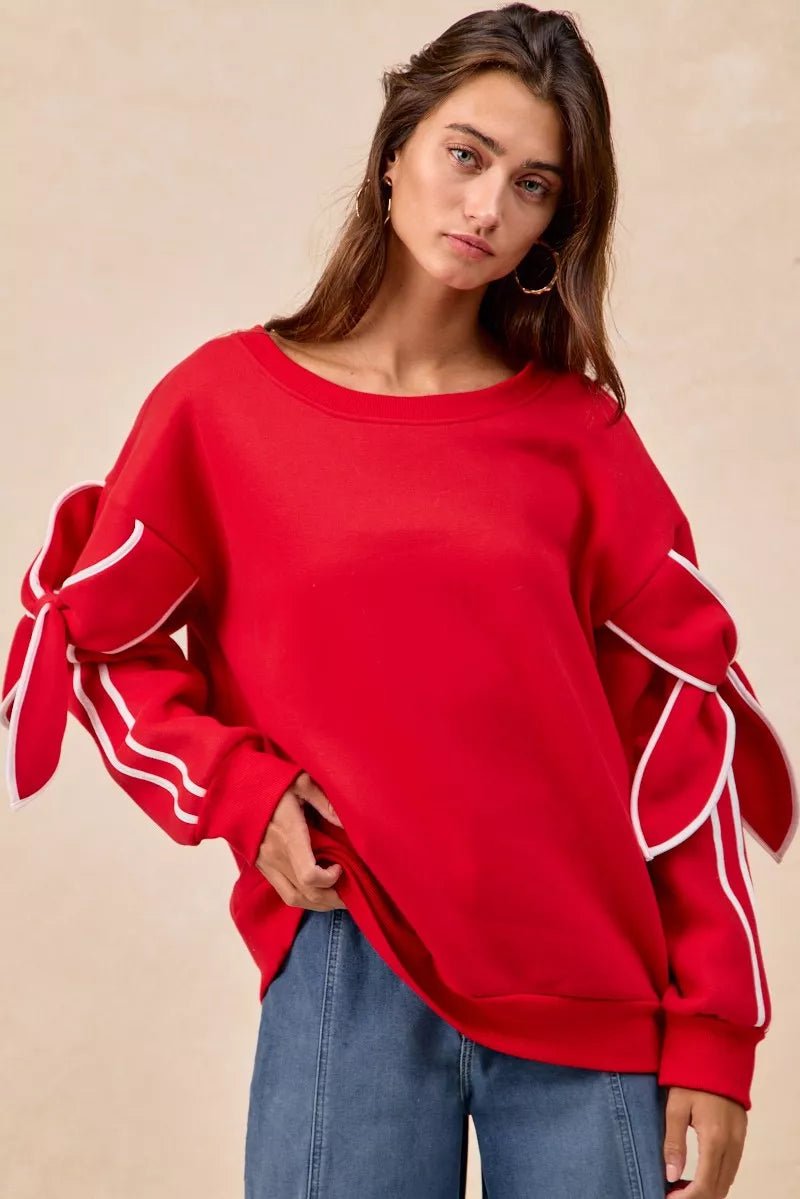 BiBi Bow Detail Sleeves Fleece Sweatshirt - Blu Lotus Boutique