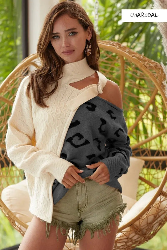 BiBi Cable - Knit Color Block One Shoulder Asymmetrical Sweater - Blu Lotus Boutique