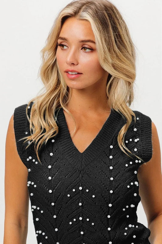 BiBi Chevron Pointelle Pearl Knit Top - Blu Lotus Boutique